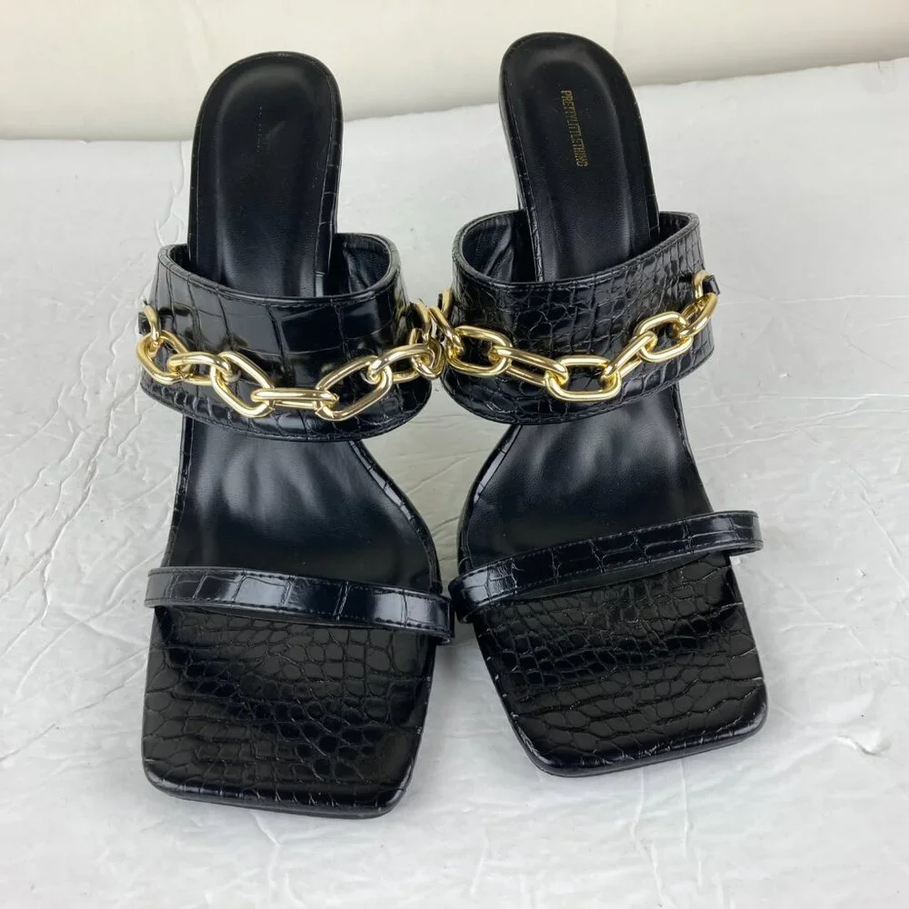 Pretty Little Thing Sz 8 Black Square Toe Slip On Heel Sandals Gold Chain Detail - Picture 2 of 9